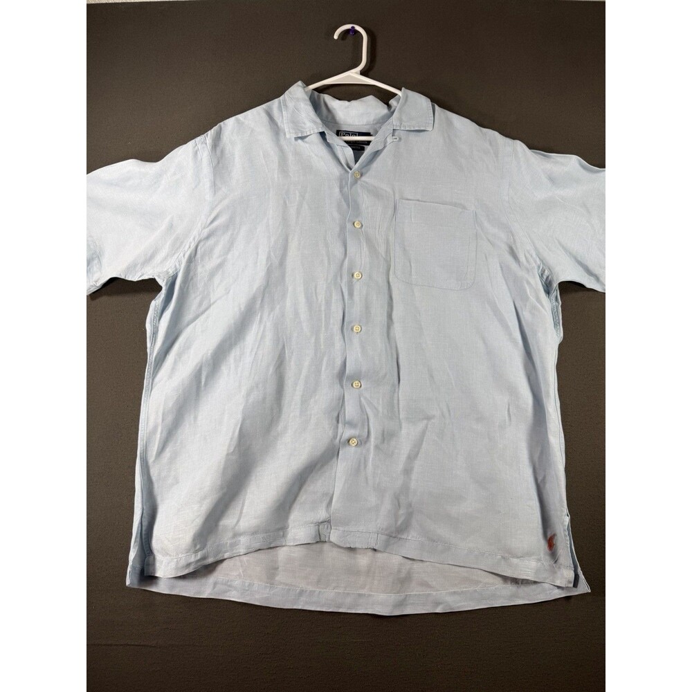 Vintage Polo Ralph Lauren Caldwell Shirt Mens XL Blue Loop Collar Silk Blend